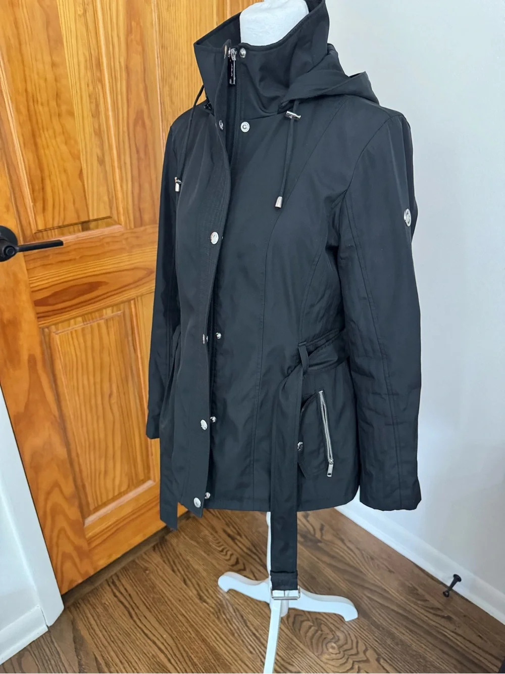Michael Kors Black Women's Belted Hooded Rain Jacket
